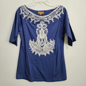 Roberta Freymann Ribbon Embroidered Pullover Tunic Top Sz S Anchor Design